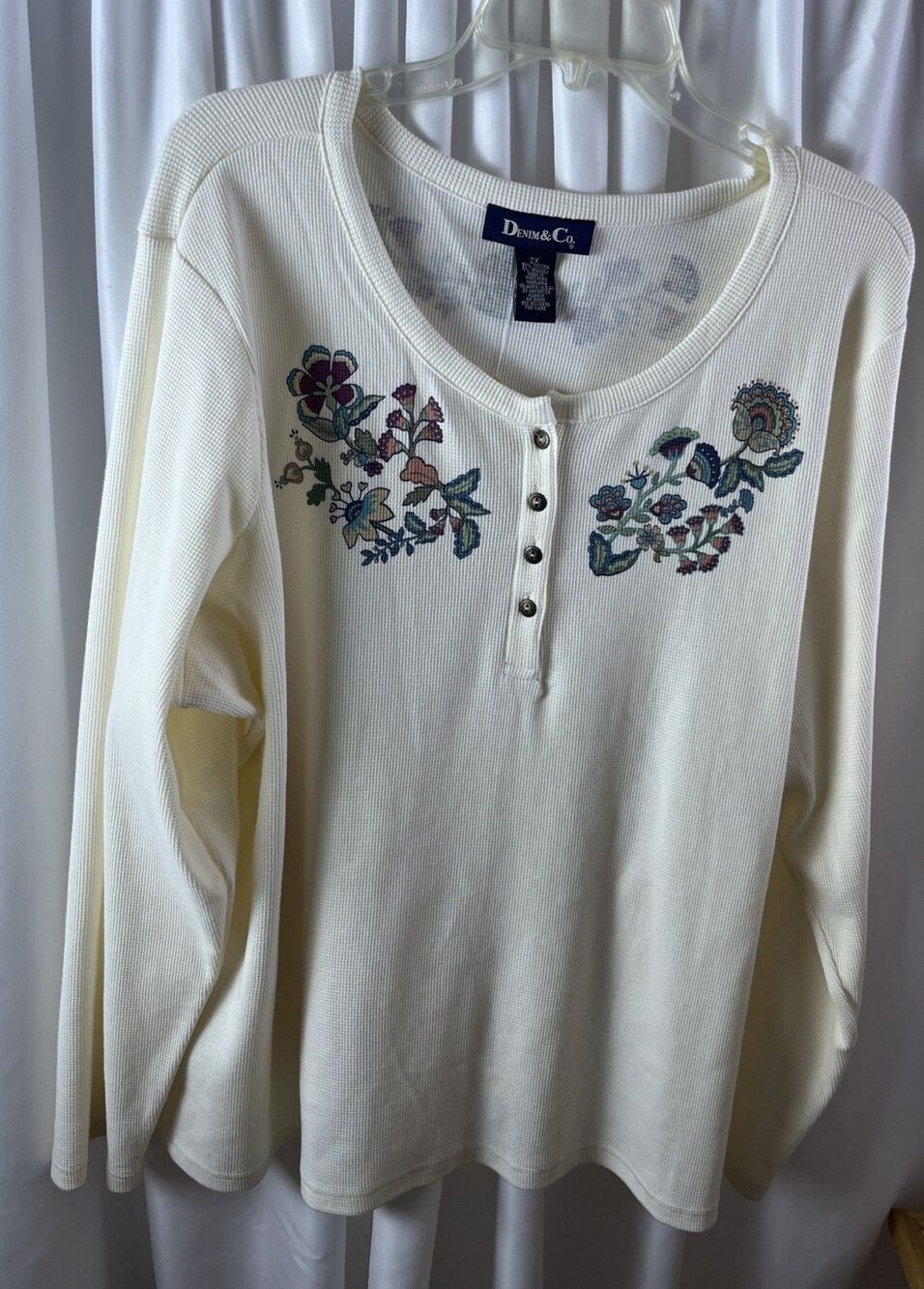 Vintage Denim & Co Womens Plus Floral Painted Ribbed Henley Shirt Size 2X Retro